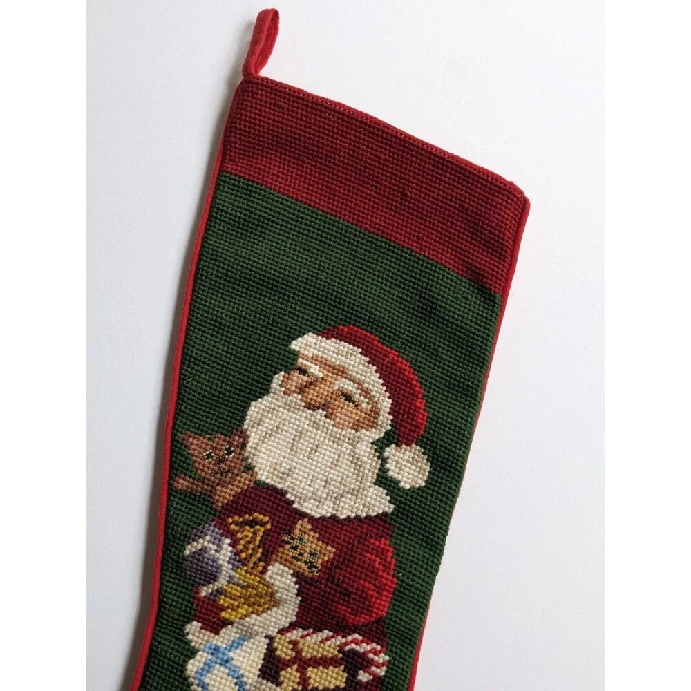 Vintage Needlepoint Christmas Stocking Santa‎ Toys Wool Front Red Flannel Back